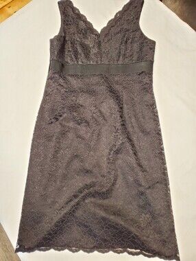 Maggy London Charcoal Lace Sheath Dress Scallop Hem Grosgrain Waist Size 14